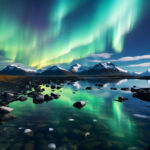 Aurora borealis over snowy mountains in Iceland