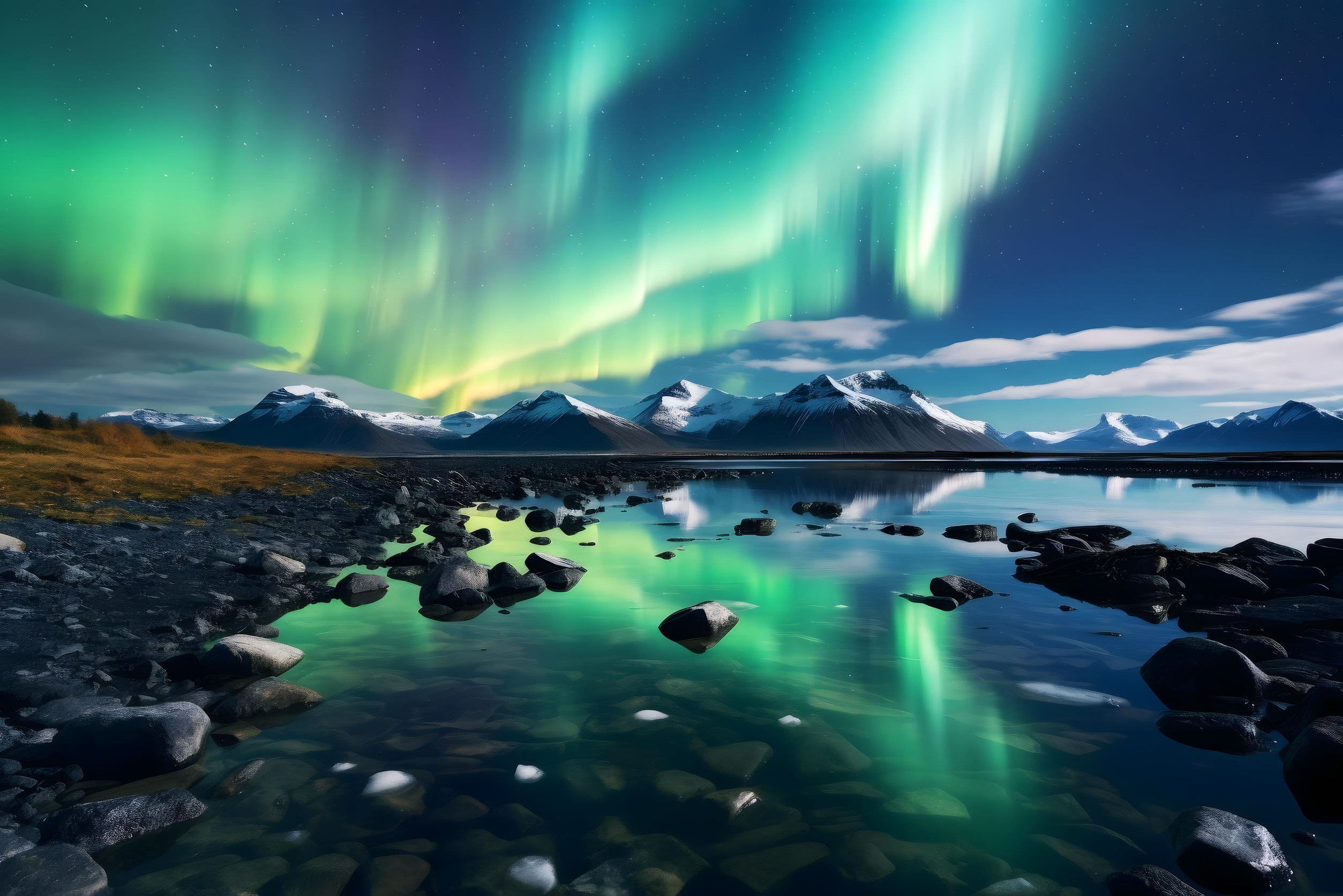 Aurora borealis over snowy mountains in Iceland